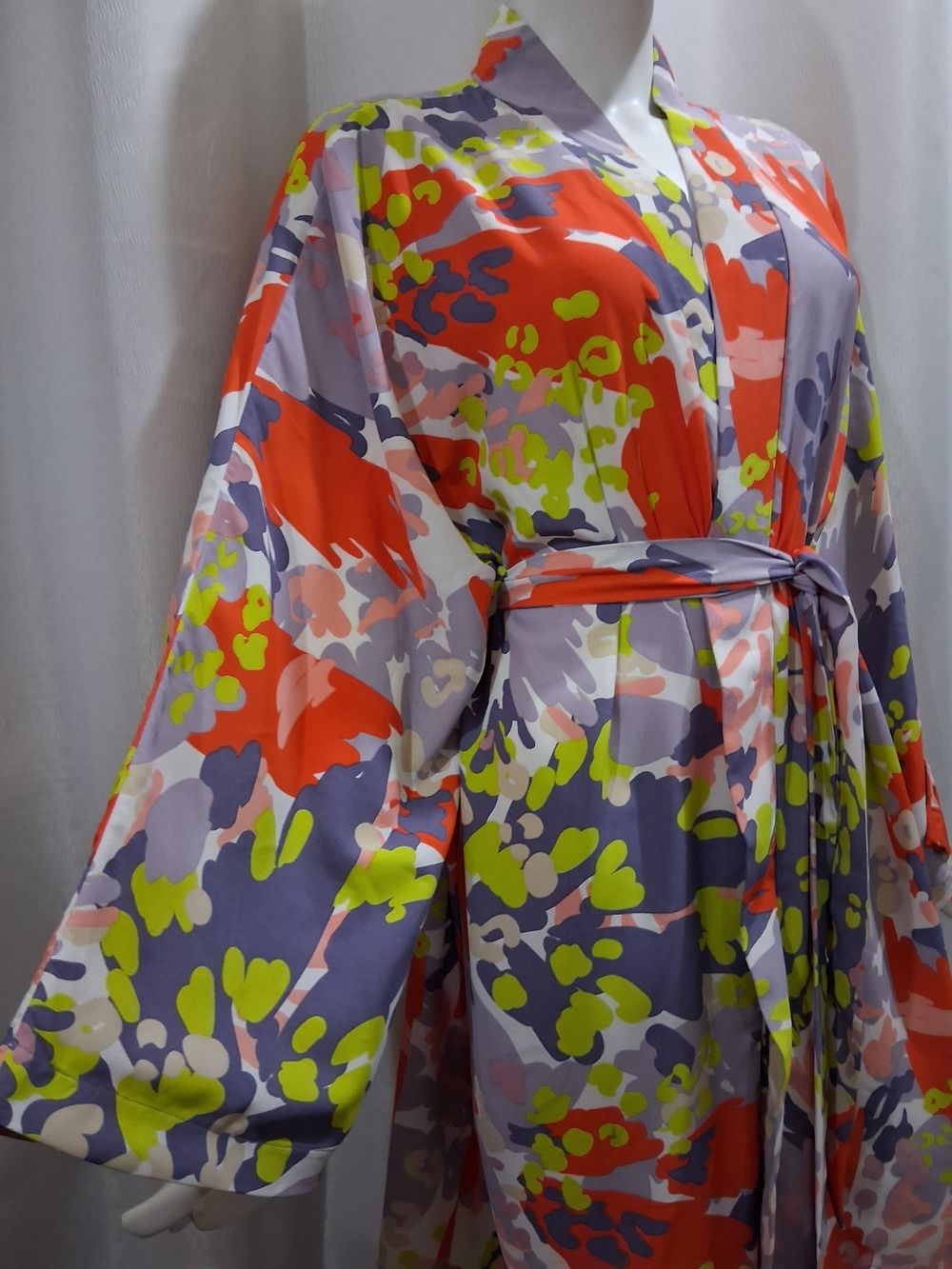 Vibrant Abstract Print Kimono Robe in Coral, Lavender & Lime